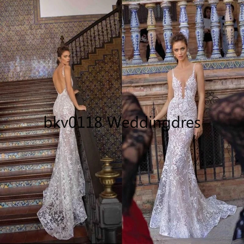 

Full Lace Mermaid Wedding Dresses Sexy Plunging V Neck Backless Illusion Bodices Wedding Bridal Gowns Fashion New