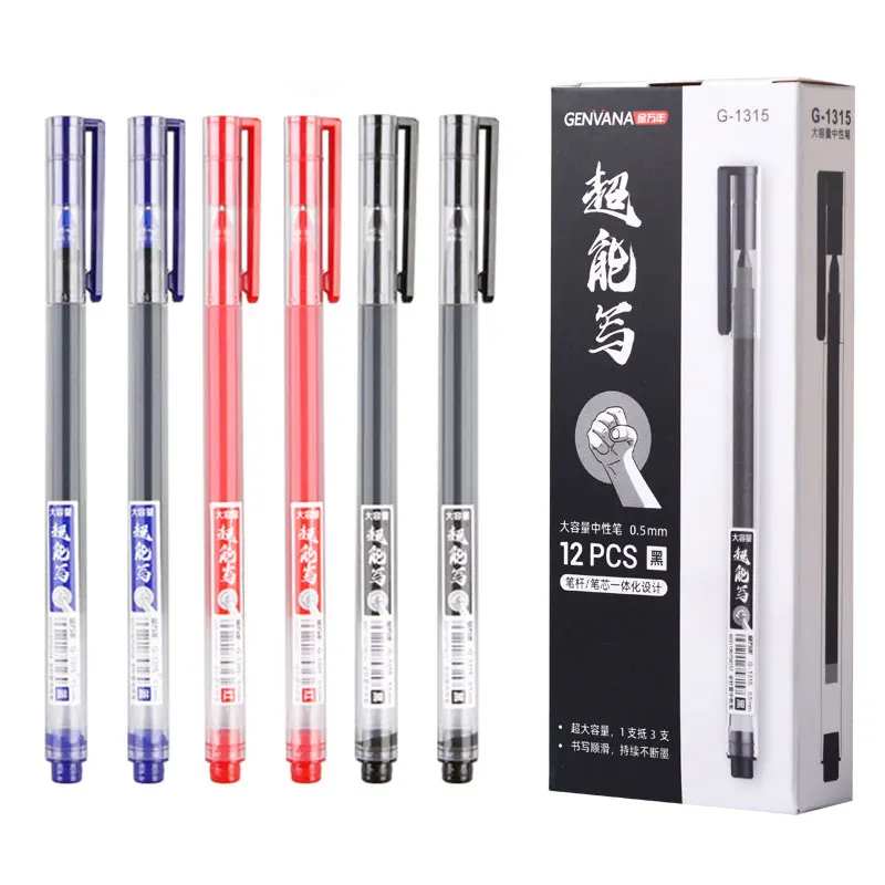 GENVANA 12Pcs/lot Large Capacity Ink Gel Pens Black/blue ink Transparent Rod 0.5mm refills Office school supplies Stationery