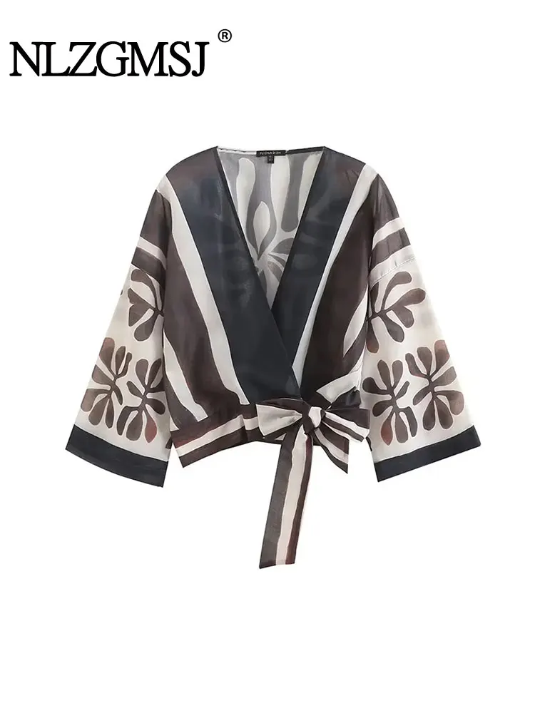 

Nlzgmsj TRAF 2022 Spring Blouse Women Casual Print Shirt Female Loose Blouses Green Long Sleeve Elegant Chic Tops