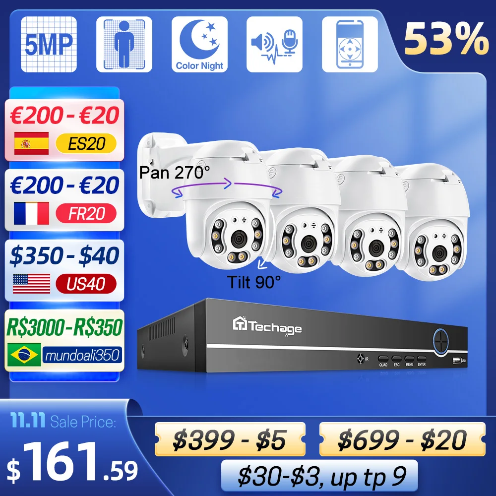 Дешево Камера видеонаблюдения Techage, 5 Мп, 8 каналов, POE, NVR