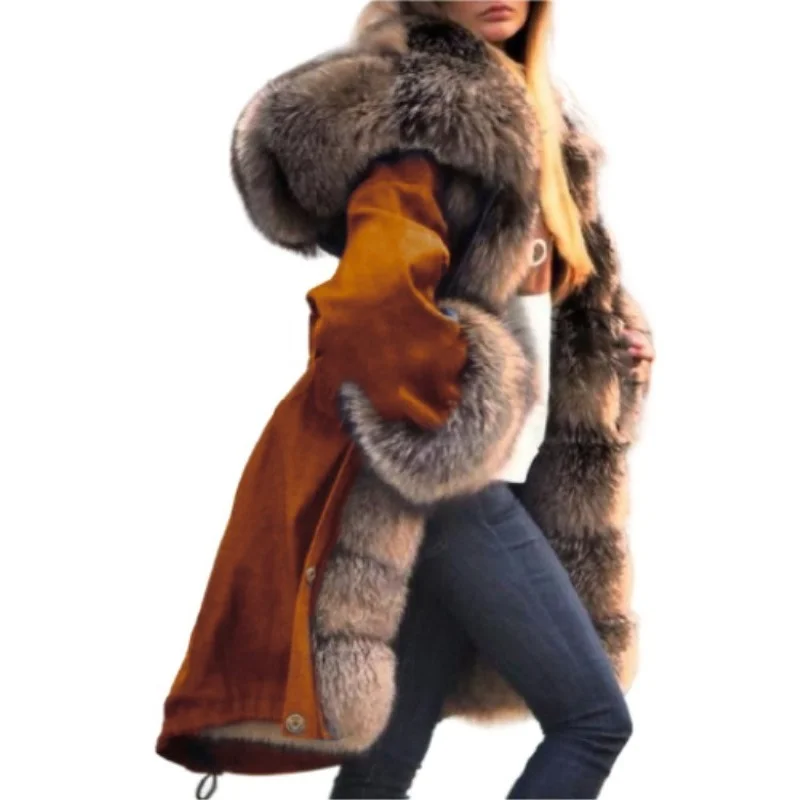 New Winter Long Coat for Women Big Fur Collar Solid Long Temperament Thickened Coat Hooded Single Breasted Fur Coat Women