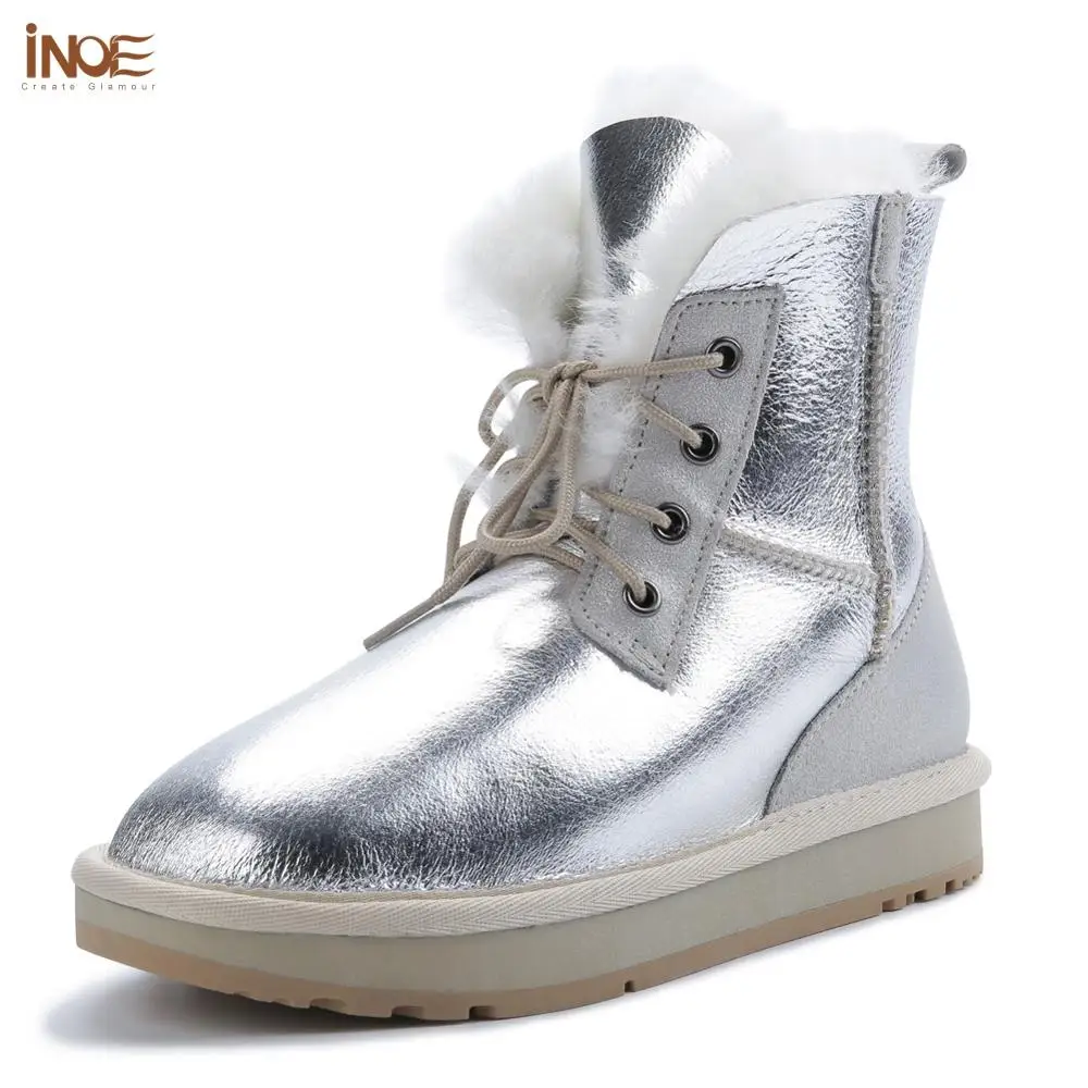 

INOE Women Short Ankle Casual Winter Snow Boots Real Sheepskin Leather Shearling Wool Natural Fur Lined Warm Shoes Waterproof