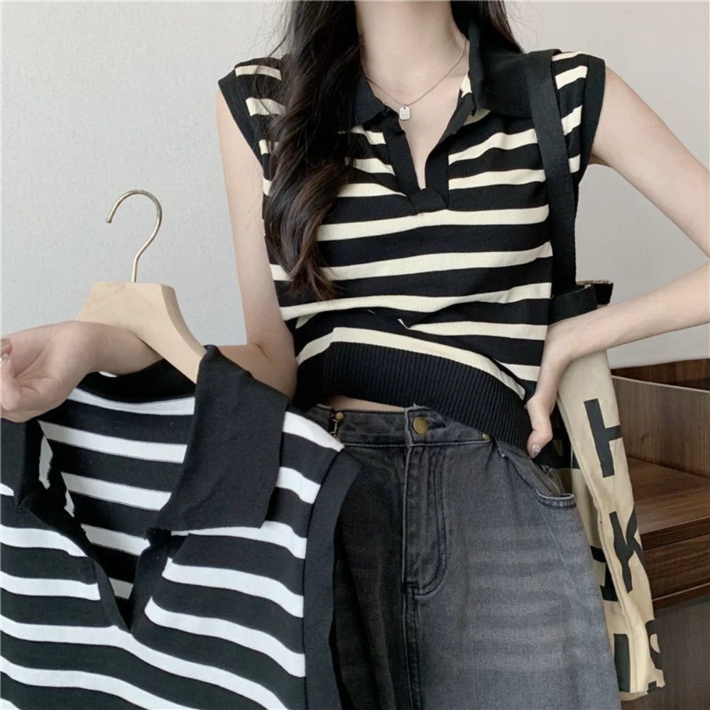 

Short Sleeveless Top Sweet and Spicy Style Polo Collar Striped Vest Outer Wear Suspenders Loose Women's Clothing Pullover