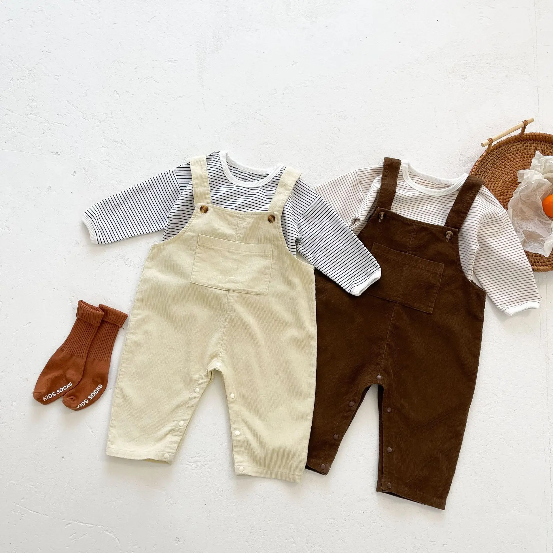

2022 New Clothing Set Baby Boys Girls Long Sleeve Striped Pullover Cotton Solid Romper Outfits 2pc Clothes Sets