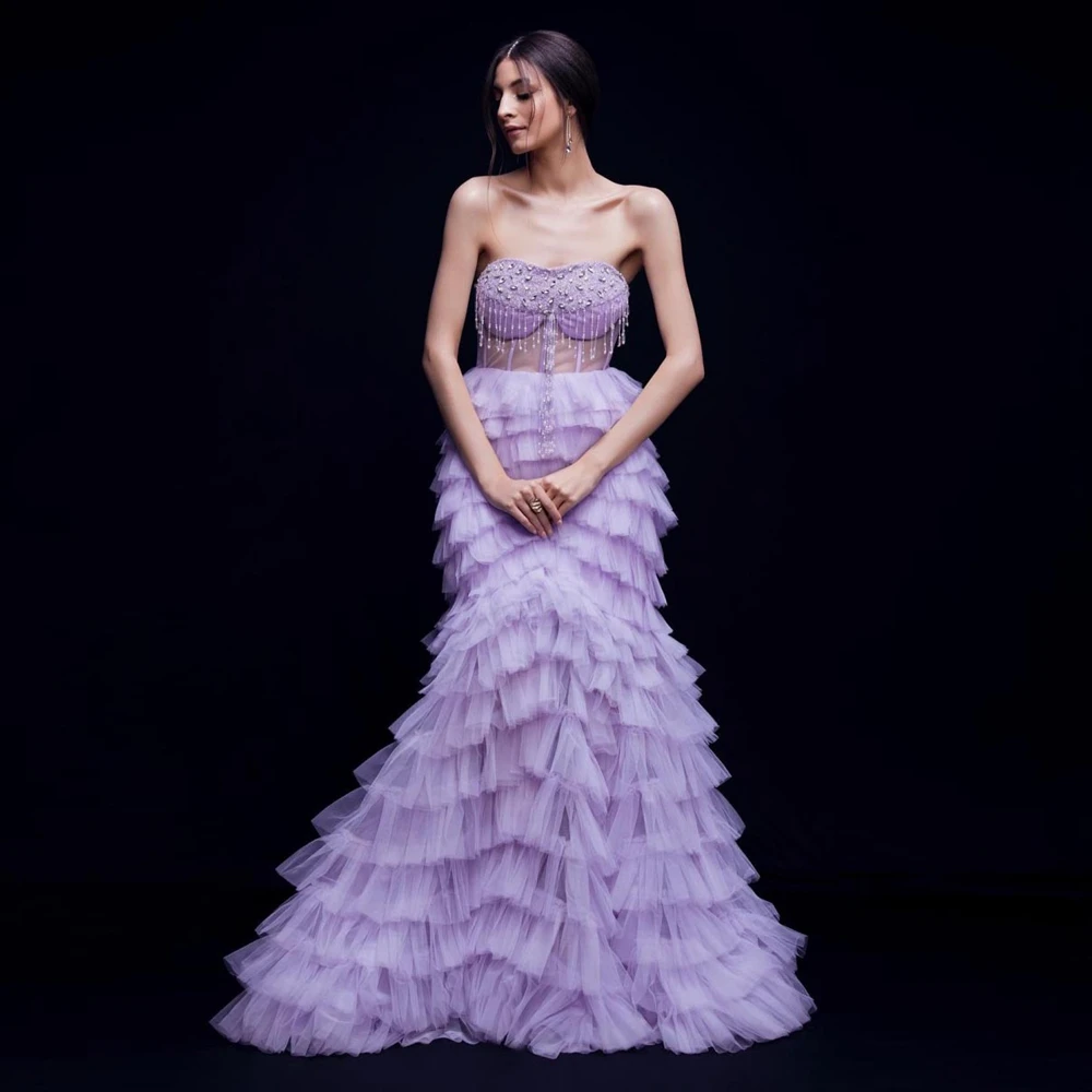 

Dignified Lavender Mermaid Tulle Dress Strapless Light Purple Fluffy Evening Dress Crystals Beading Prom Dress Ruffled Gowns