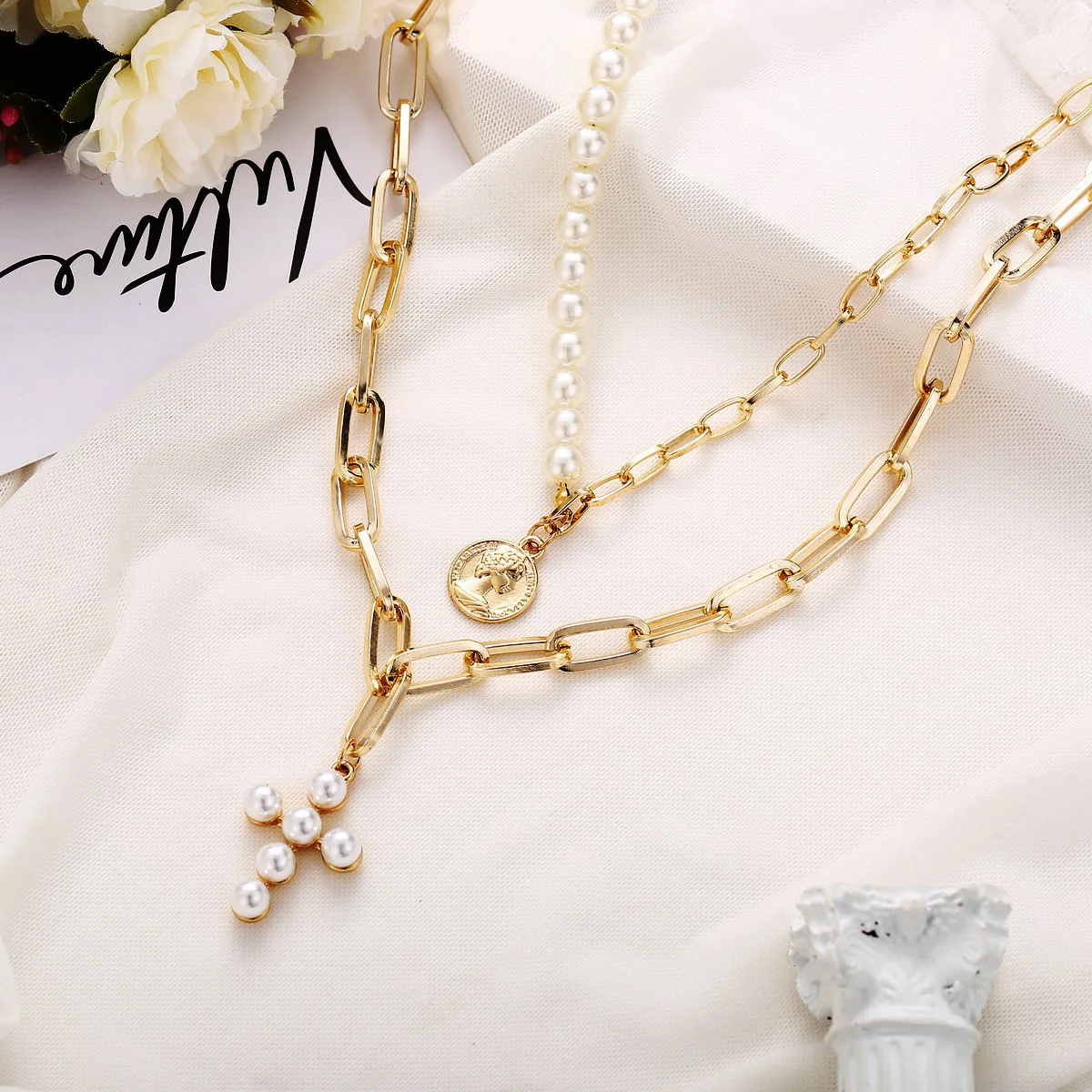 Trendy Multilayer Link Chain with Pearl Necklace Women Vintage Asymmetric Jesus Cross For Jewelry YB-11