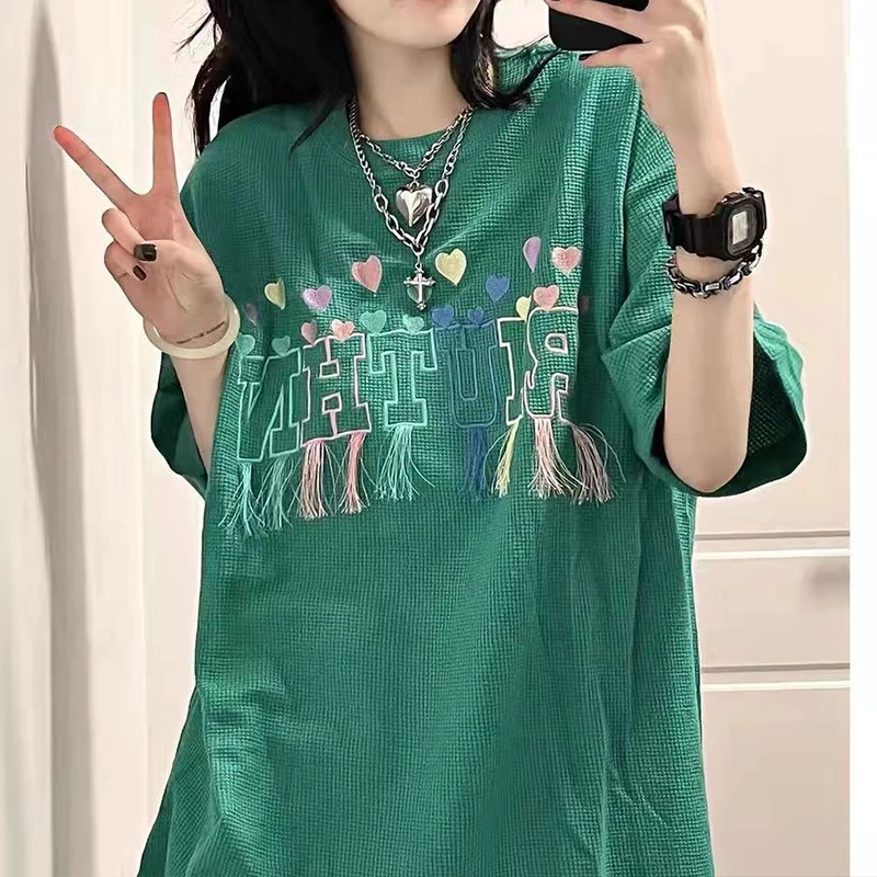 

Tassel Heart Letter Embroidery Chic White Vintage Waffle Graphic T Shirts Women Sweet Girl Tshirt 2022 Summer Harajuku Tee Shirt