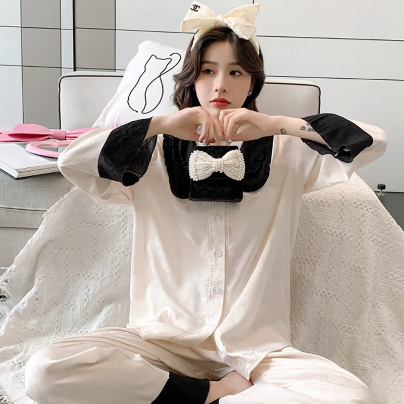 2023 Spring and Autumn Ice Silk Pajamas Set Women's Advanced Sense Jacquard Women's Homewear Long-sleeved Satin Pajamas