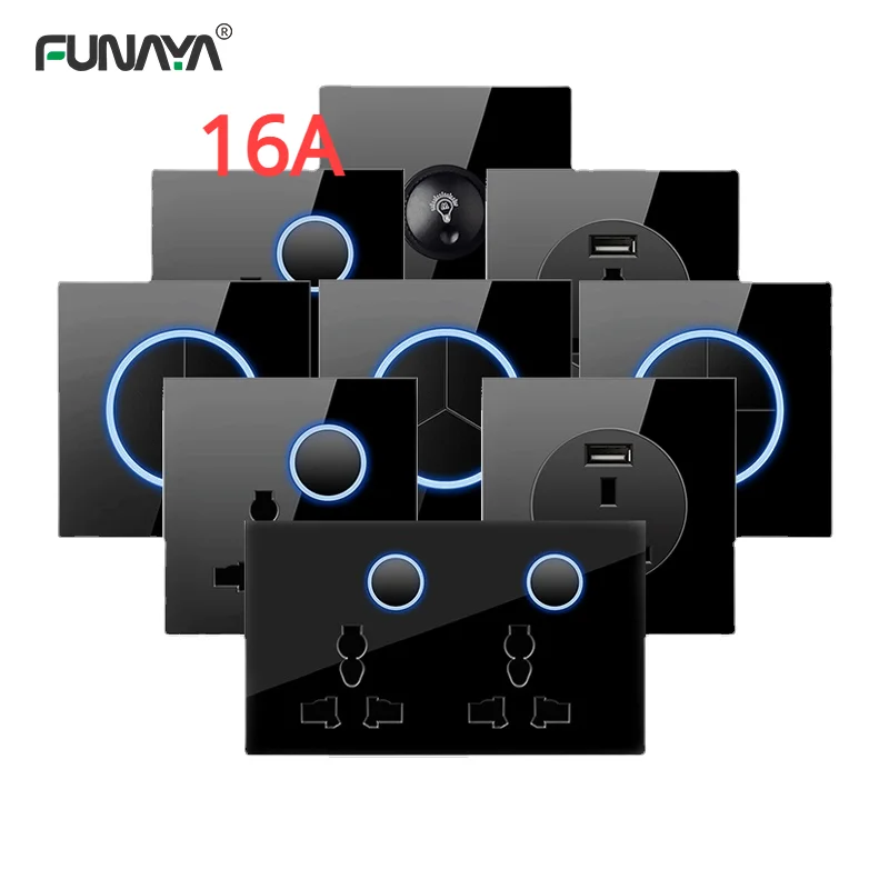 

Power Socket 86*86mm 1 2 3 4 Gang AC110-250V Wall USB Switch Tempered Glass Panel Circle LED Indicator 13A Outlet Lamp Switches