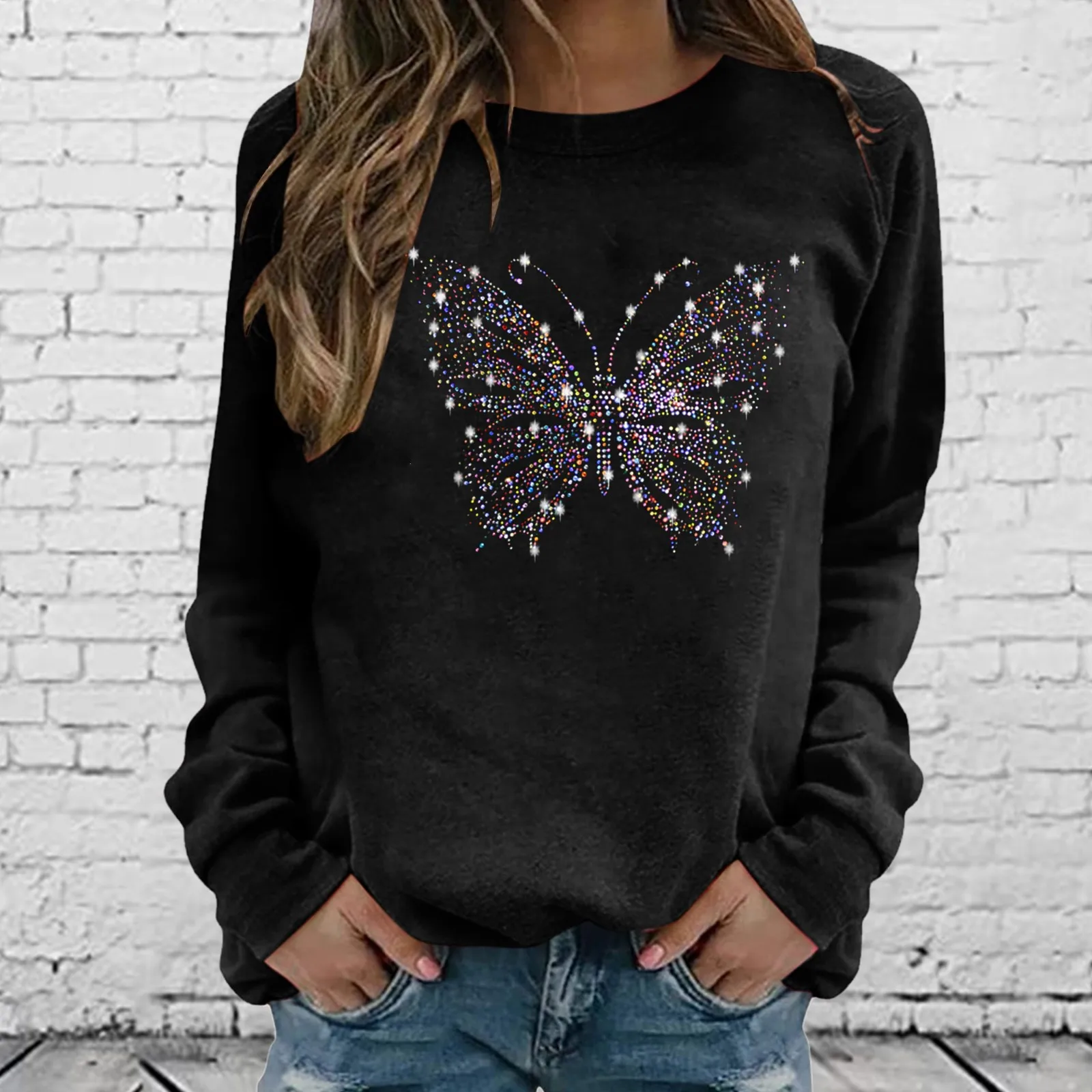 

Womens Casual Long Sleeve Crew Neck Flower Printed Hoodless Pullover Sweatshirt Black Fleece Jacket Women High Low Tops Women