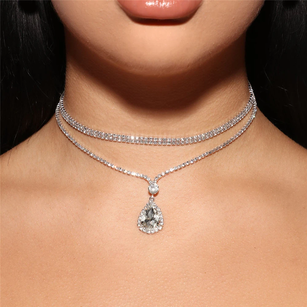 

INS Fashion Double Rhinestone Water Drop Pendant Necklace Ladies Wedding Party Shiny Crystal Clavicle Chain Jewelry Accessories