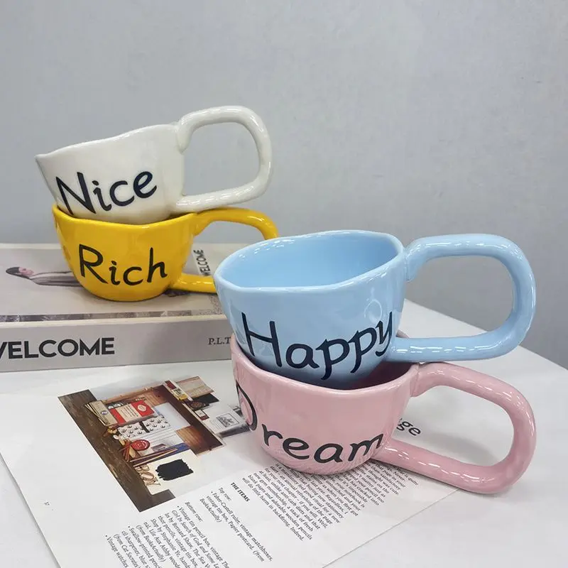 

350ML INS Niche Design Sense Mug, Ceramic Cup Milk Coffee Cups High Appearance Happy Letter, Big Ear Mugs Office Drinking Water