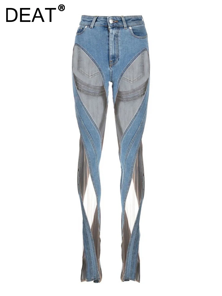 

DEAT Women's Jeans High Waist Slim Hollow Out Spliced Split Perspective Mesh Denim Long Pants 2023 Summer New Fashion WY140