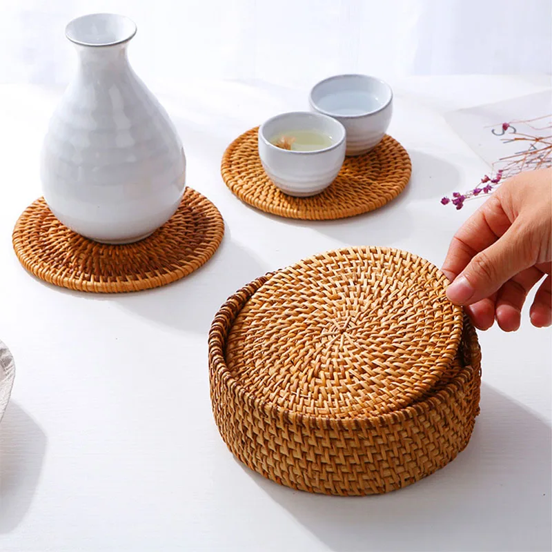 Rattan Woven Insulation Cup Coaster Round Kitchen Table Placemat  Desktop Coffee Table Bowl Pad Heat Resistant Home Accessories