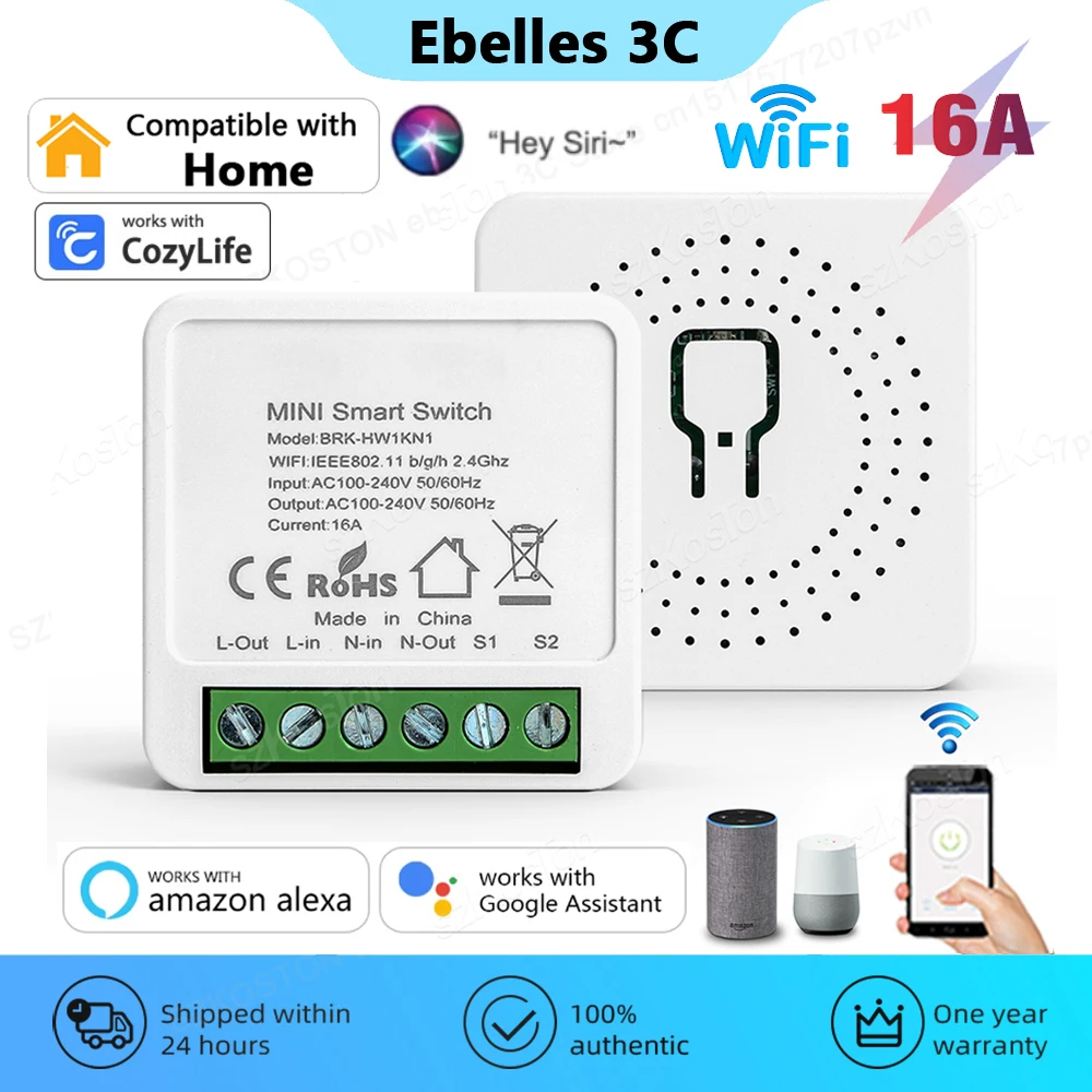 

16A Homekit Wifi Smart Switch 2-way Control Switch Mini Smart Breaker Relay Voice Control Work with Alexa Google Siri Cozylife