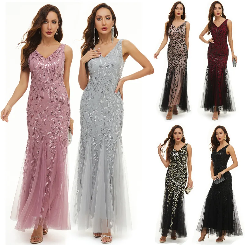 

Embroidered Sequins Dress Banquet Light Luxury Dress Sexy Sleeveless Slim Mesh Fishtail Dress Bridesmaid Dress