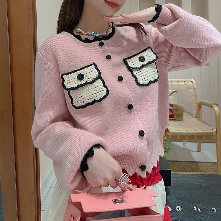 

Женский Короткий трикотажный кардиган с карманами, трикотажный кардиган контрастной расцветки в Корейском стиле, осень 2023