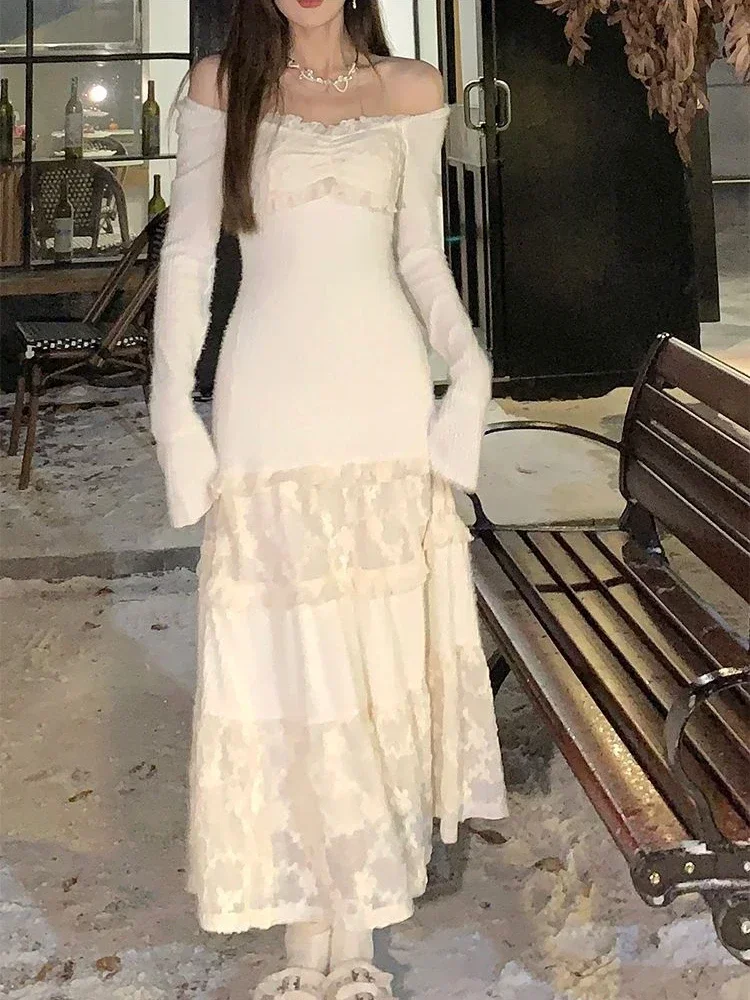 Весна 2024 элегантное вязаное платье женское кружевное лоскутное Koeran миди