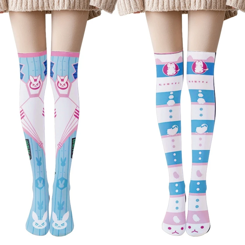 

Japanese Anime Thigh High Stockings Women Cartoon Rabbit for CAT Geometry Striped Print Over Knee Long Soc 37JB