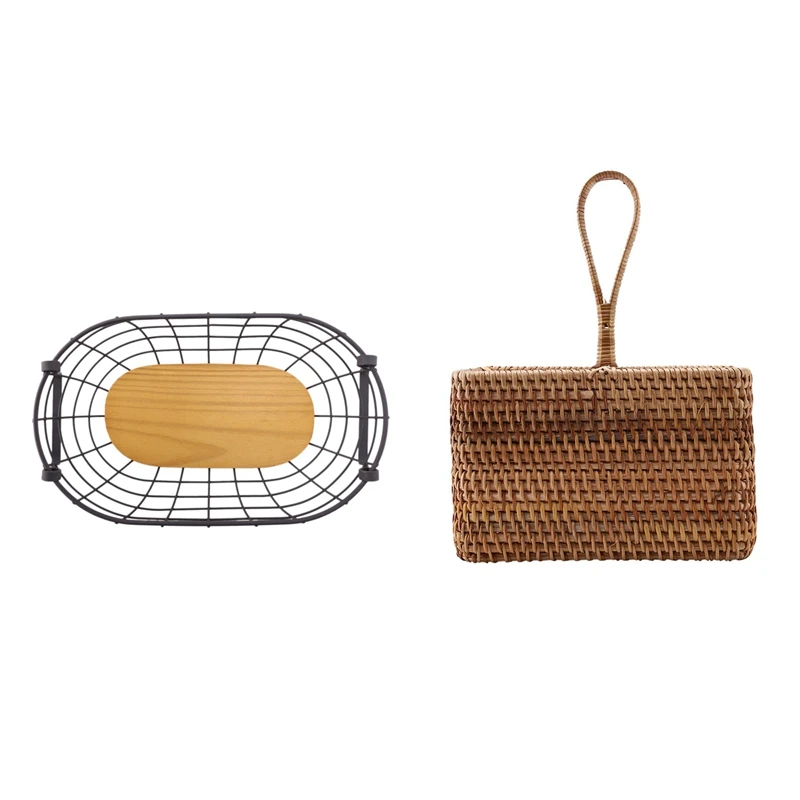 

2 Pcs Storage Basket: 1 Pcs Iron Storefront Decoration Storage Basket & 1 Pcs Hand-Woven Wicker Straw Storage Basket