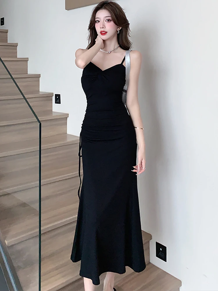 

Черное элегантное облегающее Плиссированное длинное платье на бретельках для женщин 2023 корейское винтажное платье Хепберн летнее модное шикарное платье