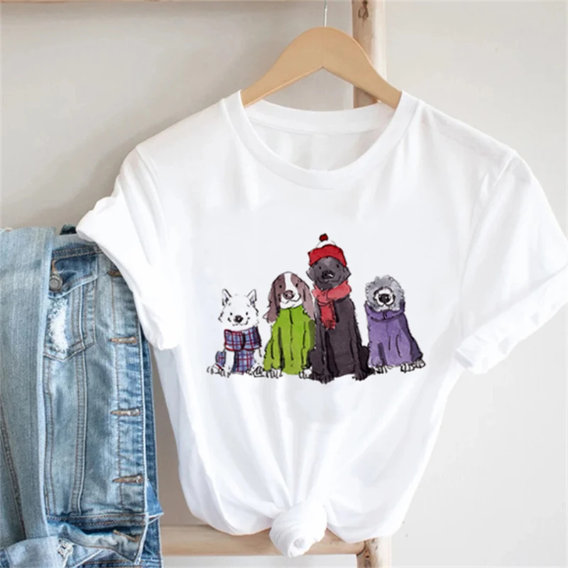 

Fashion Christmas Women's Fashion Cute Dog Pattern T-shirt Holiday Happy T-shirt New Year Leisure O-Neck Cartoon Travel T-shirt