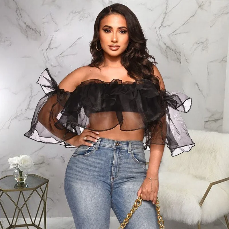 

WUHE Organza See Though Sexy Ruffles Women Blouse Off Shoulder Flare Sleeve Crop Top Streetwear Slash Neck Solid Shirt
