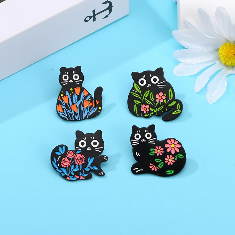 Милые эмалированные булавки в виде мультяшных цветов и кошек черная деталь для