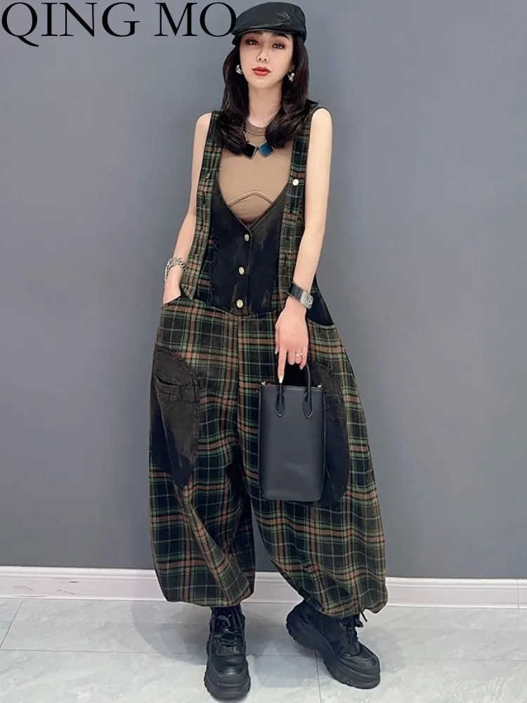 

QING MO 2023 Summer New Korean Fashion Casual Large Size Jumpsuit Women Age Reducing Plaid Overalls Pant ZXF2553