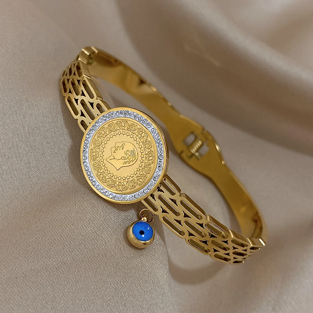 Браслет-манжета из нержавеющей стали с инкрустацией