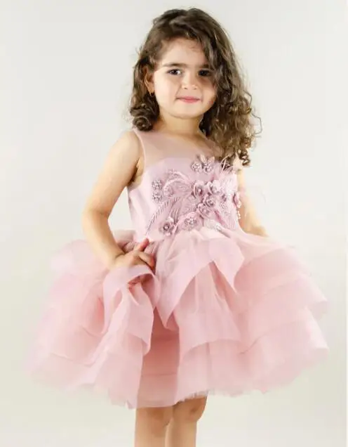 

Cute Pink Baby Girl Dress Tiered Tutu Tulle Sheer Neck Infant Birthday Party Gown New Year Photography