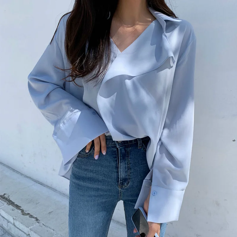 

Women Long Sleeve Blouse Loose V-neck Office Lady Shirt Elegant Solid Color Korean Style Casual Female Tops 2020 Spring Autumn