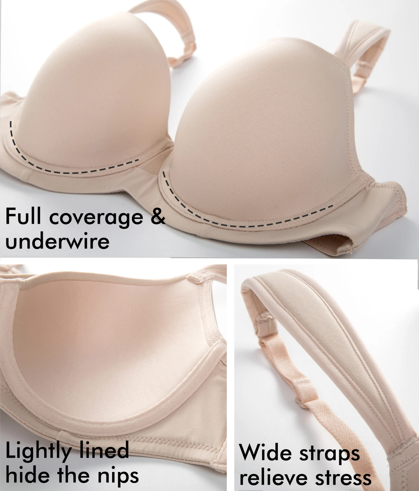 Women's Seamless Plus Size T Shirt Bra Lightly Padded Support Strap Underwire Contour 34-46 B-F