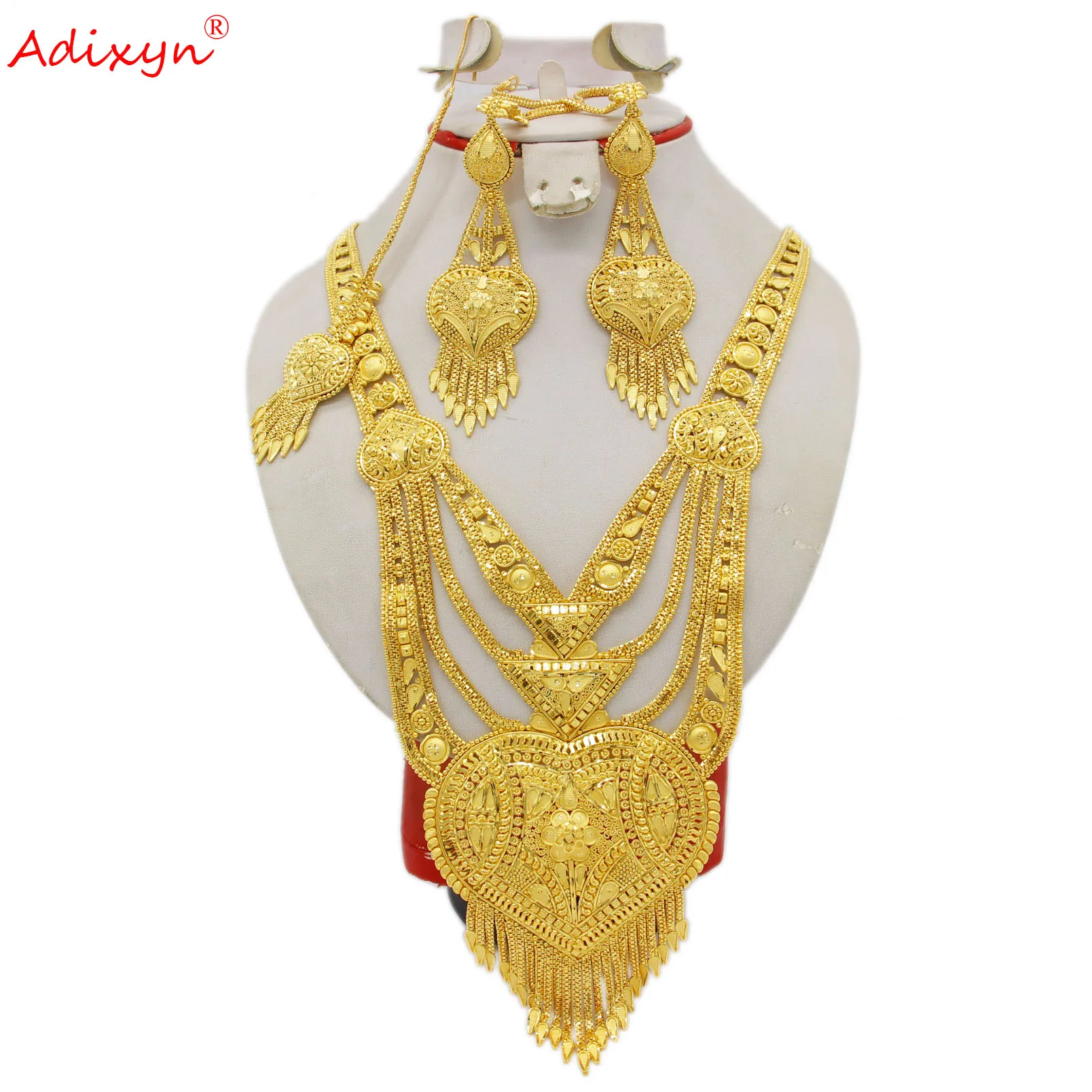Adixyn (пять дизайнов) индийские ювелирные изделия 24 к золотого цвета серьги большого размера ожерелье цепочка для волос Ювелирные наборы для ...