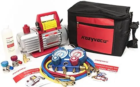 

AUTO AC Repair Complete Tool Kit with 1-Stage 3.5 CFM Vacuum , Manifold Gauge Set, Hoses and its Acccessories (KZTA350F)