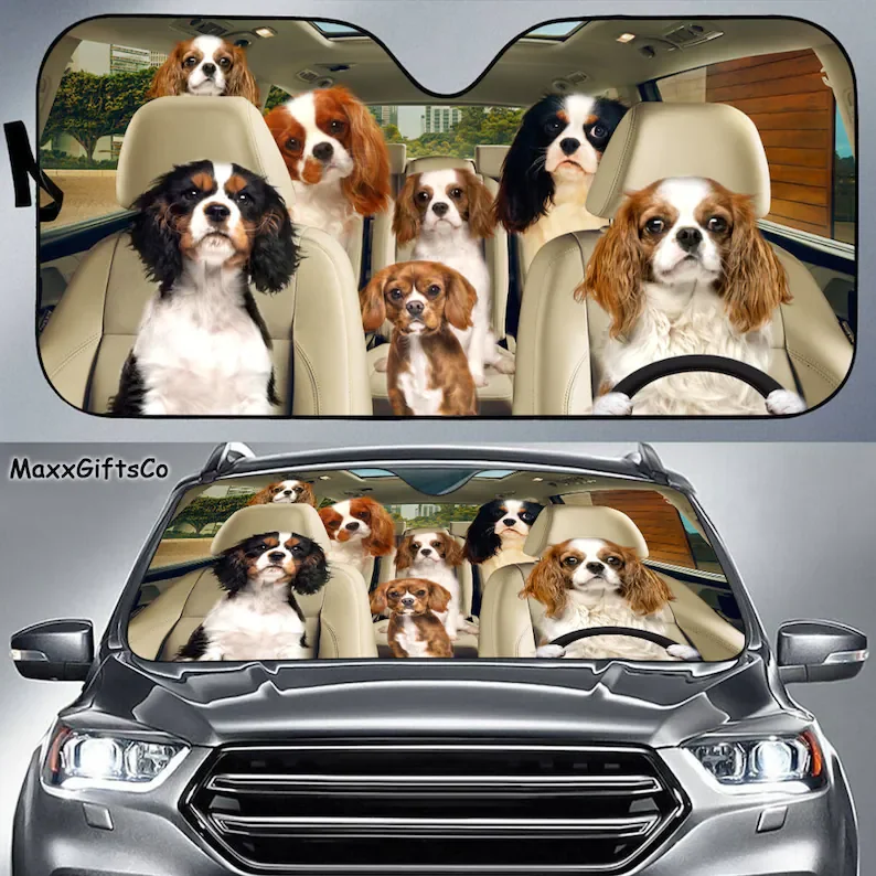 Cavalier King Charles Spaniel Sun Shade Car Windshield Dogs Sunshade Family Dog Accessories Decor Gift For