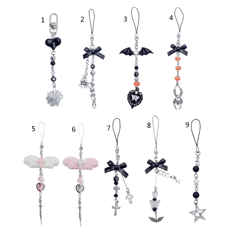 

652F Halloween Spiders Tassels Chain Phone Chain Y2k Loves Bowknot Crossed Pendant