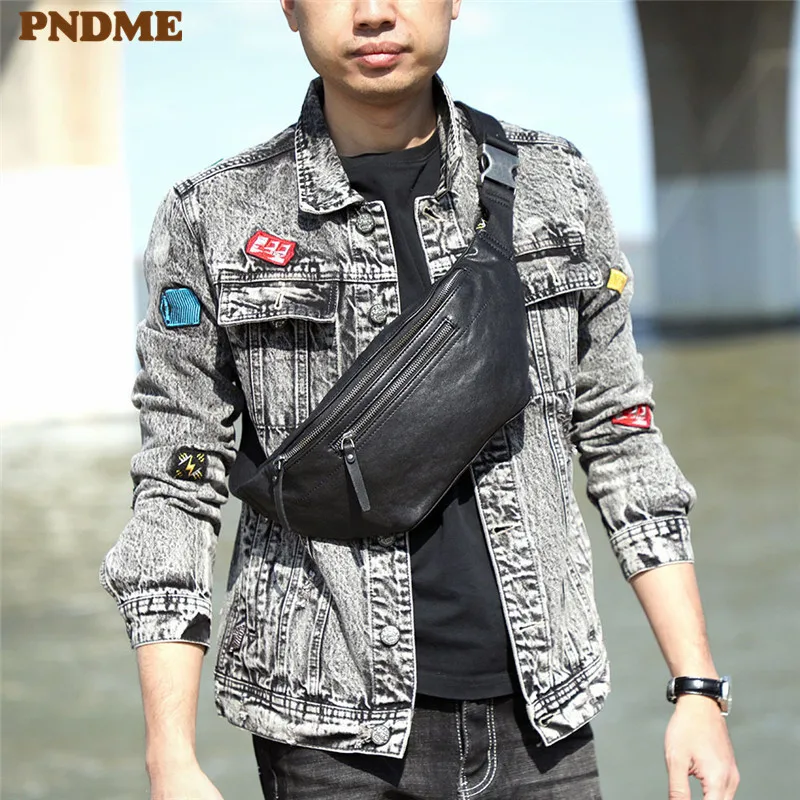 Fashion casual genuine leather men's black chest bag simple versatile natural soft real cowhide multifunctional waist pack Teens