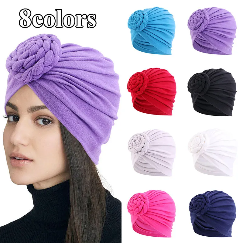 

Fashion Twist Braid Turban Hat For Women Solid Pan Flower Turban Bonnet Soft Breathable Baotou Hat Muslim Inner Hijab Caps New