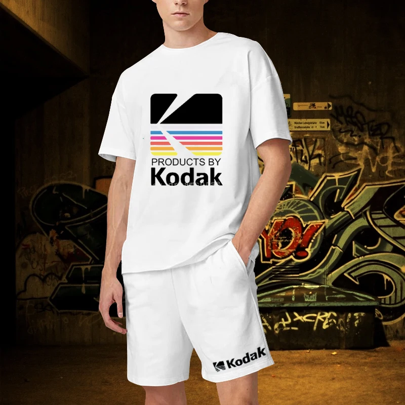 

Korea Men's T Shirt Shorts Oversized Fashion Kodak 2 Piece Sets Short Suits High Quality Summer Y2k Outfits Hipster Men Clothing