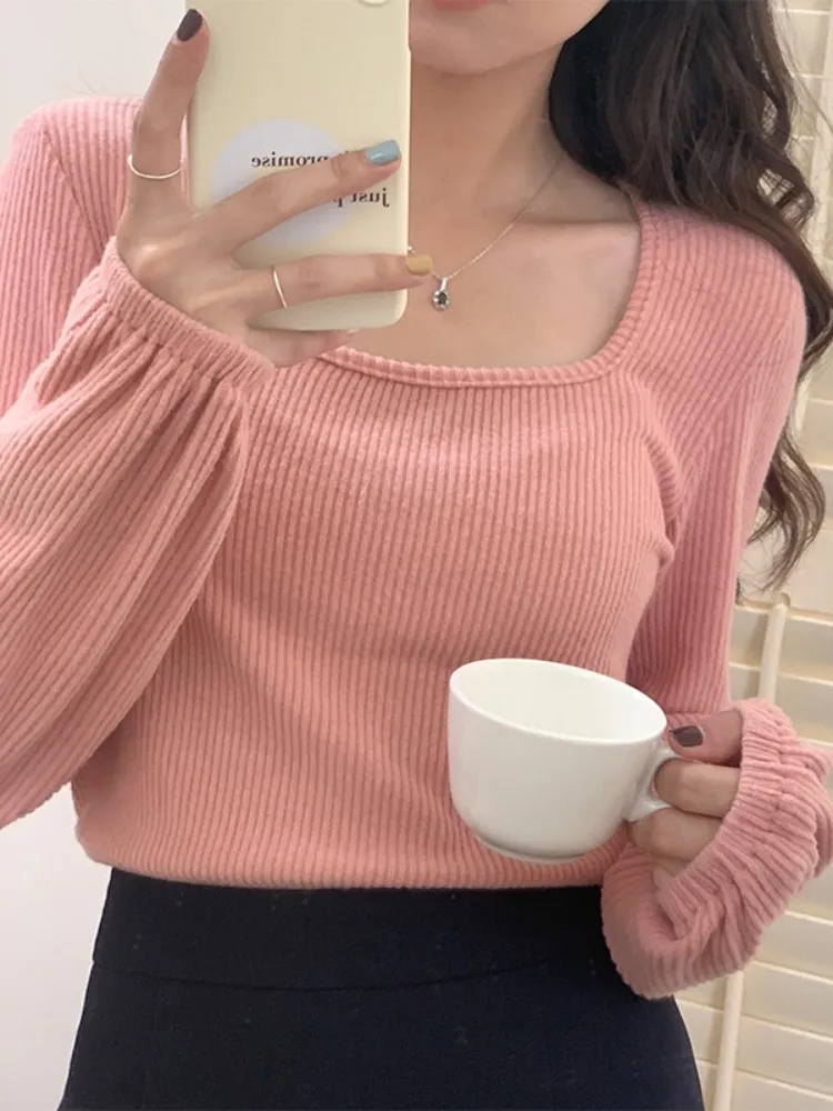

4Colors Autumn Winter 2022 korean style Women Square Collar Tops long Sleeve t-shirt Womens Tees shirt femme (X2574)