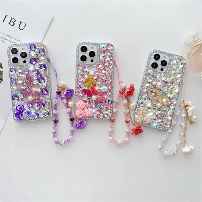 

Luxury rhinestone pansy Bracelet Acrylic Flash diamond Full Coverage For iPhone X 11 12 13 14 15 Pro Max Shockproof Phone case