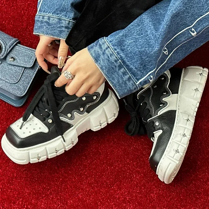 Spring Square Toe Show Feet Small Casual Women's Thick Bottom Increased Skateboard Shoes Butterfly Sneakers Rivet Embellished