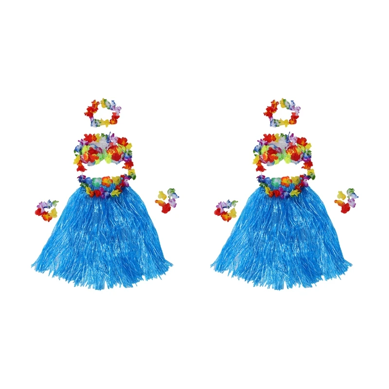 

ASDS-12 Set Hawaiian Grass Skirt Flower Hula Lei Wristband Garland Fancy Dress Costume - Blue