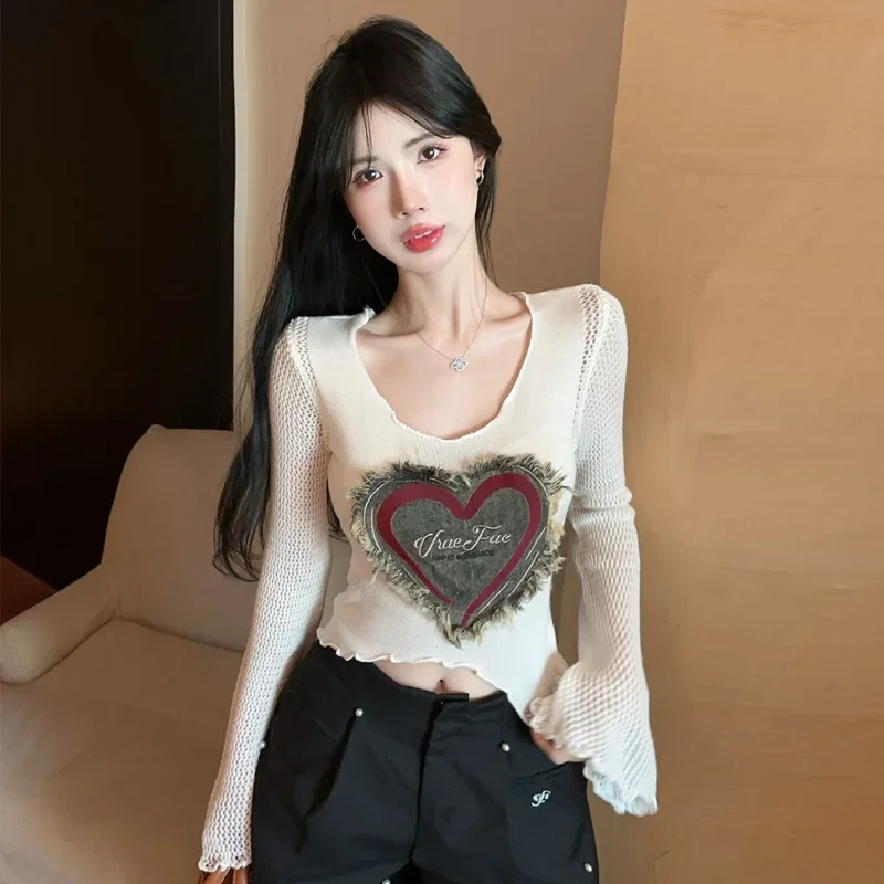 18YX1126 Винтажный вязаный топ с длинными рукавами в американском стиле женский