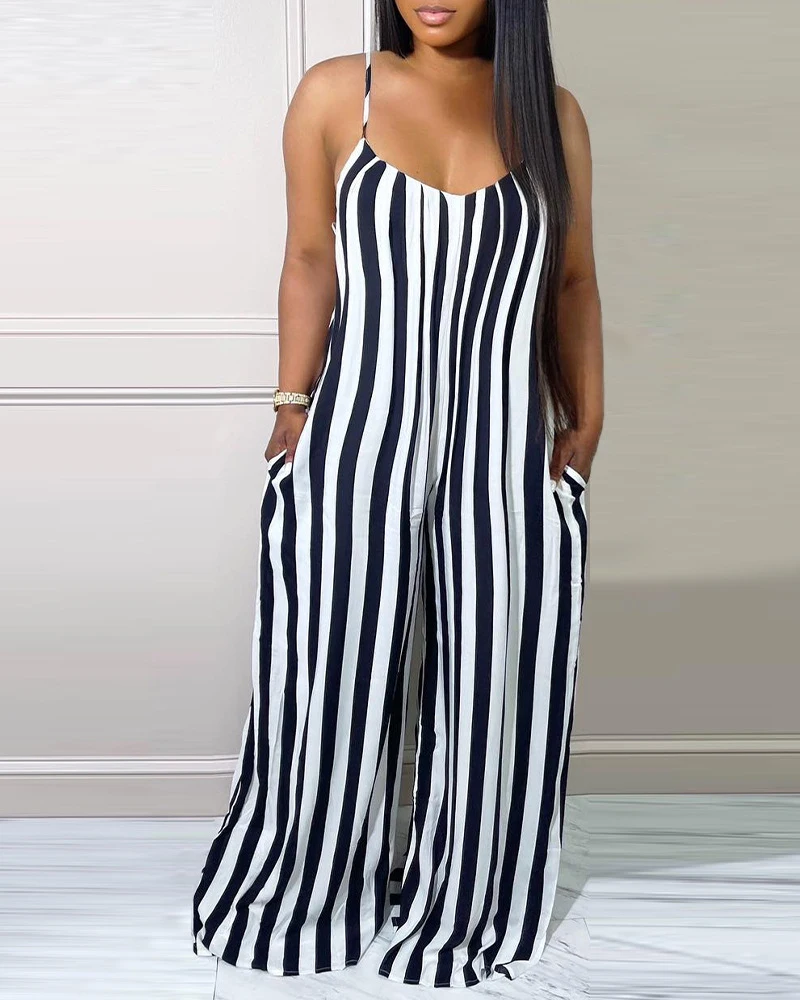 

High Waist Striped Patchwork Jumpsuits Summer Women Sexy Chest Wrapping Loose Long Wide Leg Rompers