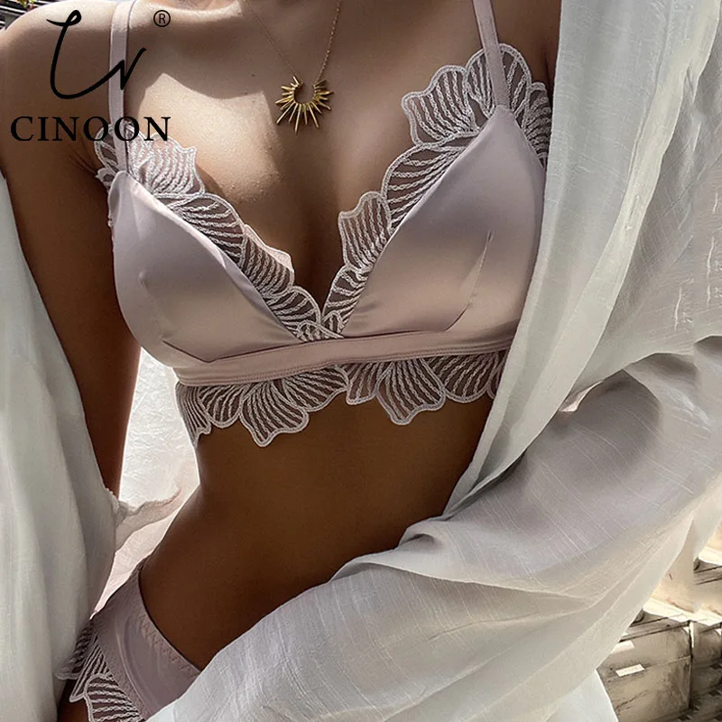 

CINOON Luxury Silk Lingerie For Ladies Satin Bralette Wireless Bra Sets Sexy Lace Underwear Women Intimates French Brief Sets