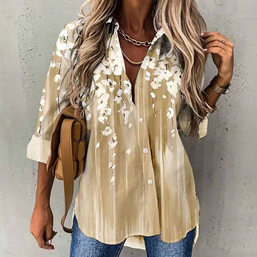 

Stylish Floral Print Cardigan Women's Loose Single-breasted Lapel Shirt with Split Hem Buttons Casual Breathable Fall Top