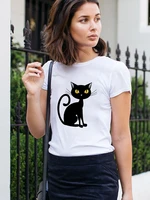 simple design t shirt cute black cat fashion instagram clothes aesthetic elegant womens shirt o neck loose breathable y2k tops