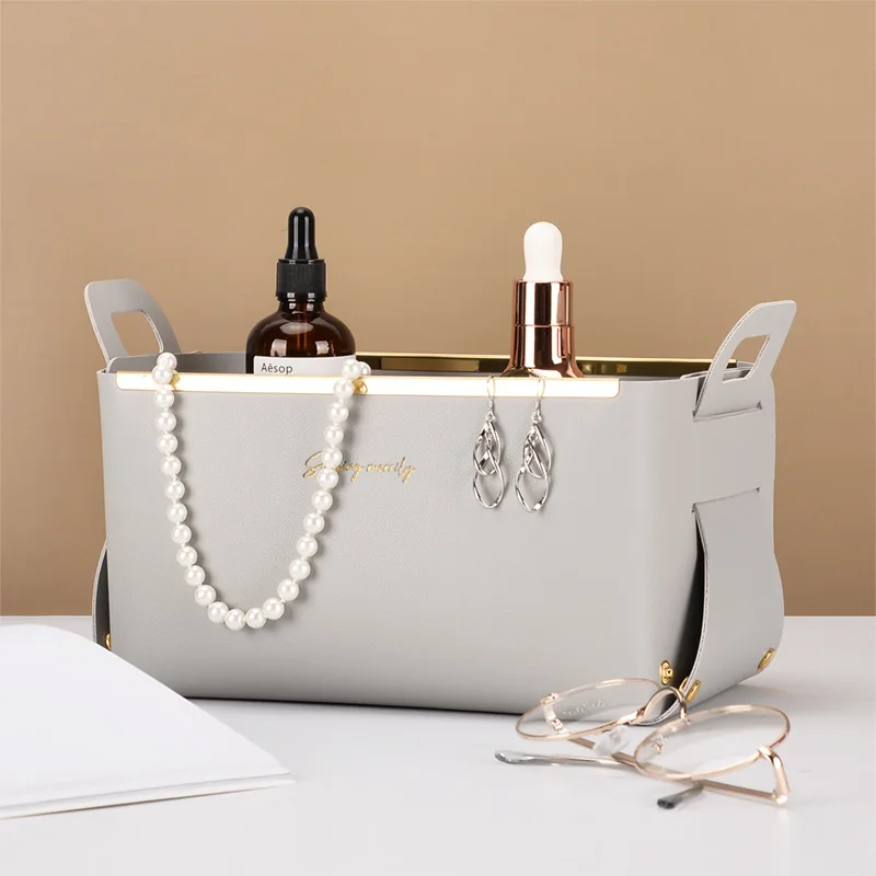 

Organization Storage Organizer Leather Storage Box with Handle Desktop Cosmetic Leather Storage Containers Perfume Organizer